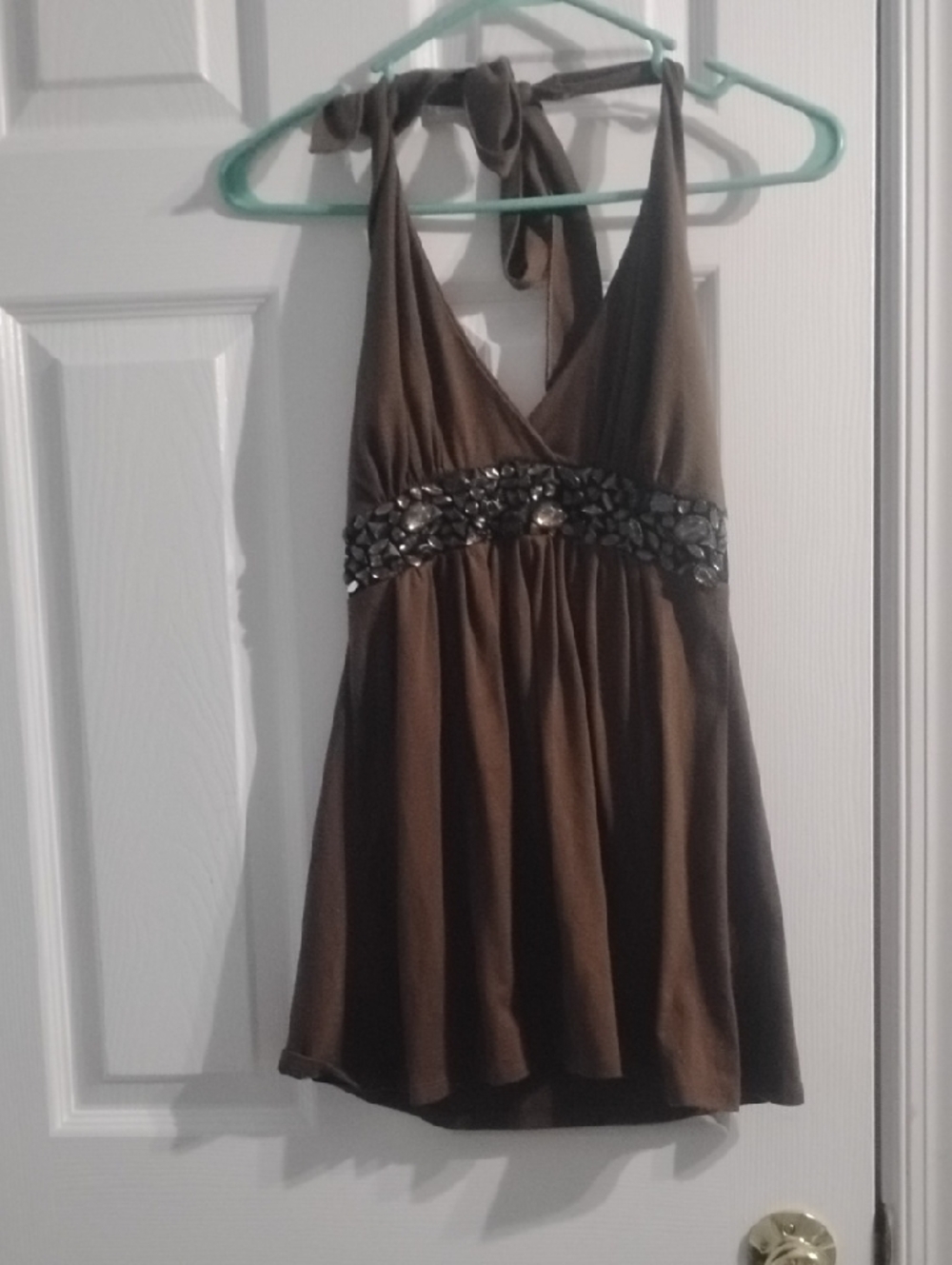 Y2K Brown Halter Babydoll Top with Jeweled Bustline, Size S